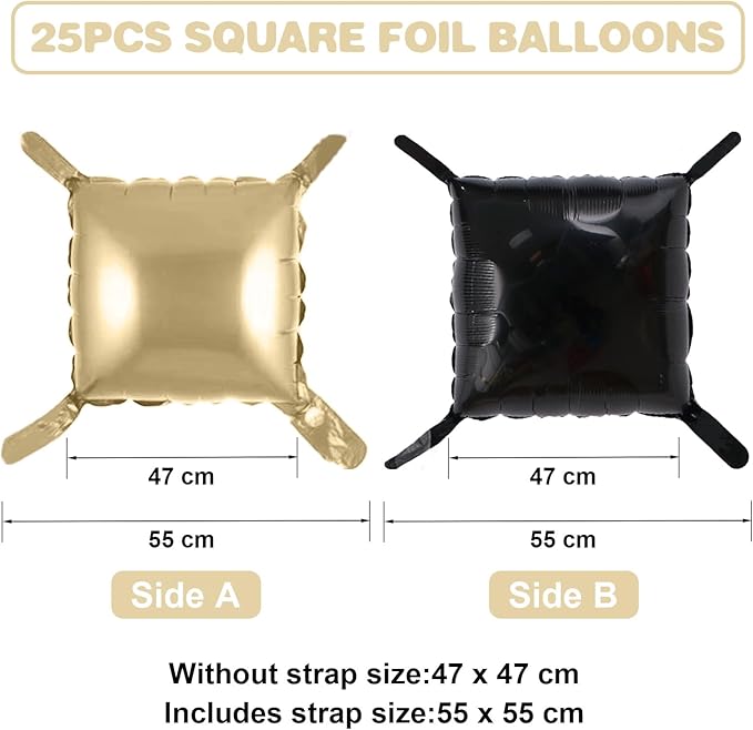 Black Gold Square Foil Balloon Wall,25Pcs Champagne Gold Double Sided Foil Balloons Backdrop Helium Tunnel Arch Garland Kit for New Year Eve Birthday Bridal Anniversary Graduations Party Decorations