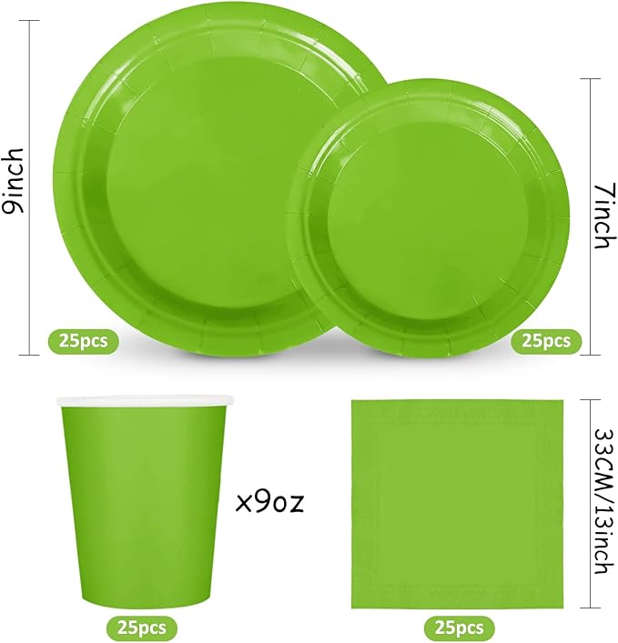 Whaline 100 Pcs Christmas Tableware Set Lime Green Disposable Dinnerware Set 50 Pcs Paper Plates 25 Pcs Napkin 25 Pcs Cups for Xmas Winter Birthday Party Supplies Table Decor
