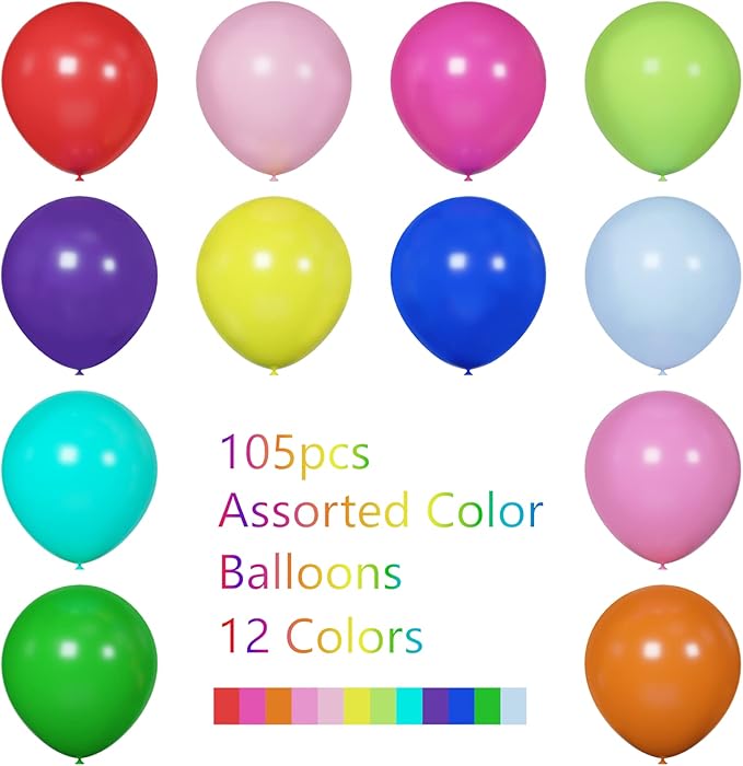 105pcs Colorful Balloons 12inch Rainbow Latex Balloons for Boys Girls Birthday Baby Shower Gender Reveal Wedding Decorations