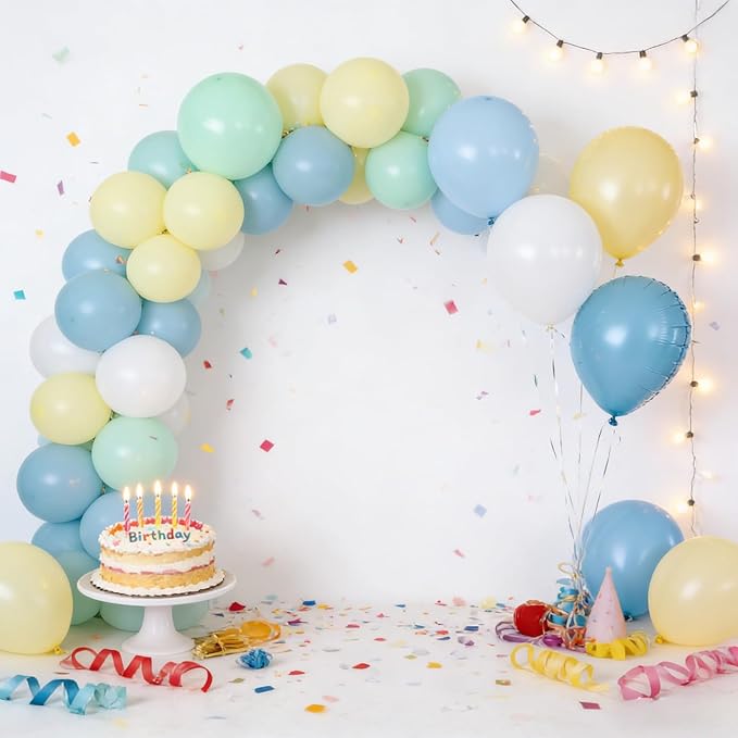 Blue and Green Balloons, Baby Shower Balloons 50Pcs 12 Inch Pastel Light Green White Baby Blue Yellow for Kid Boy First 1st Birthday Decorations Party Blue and White Baby Shower Supplies