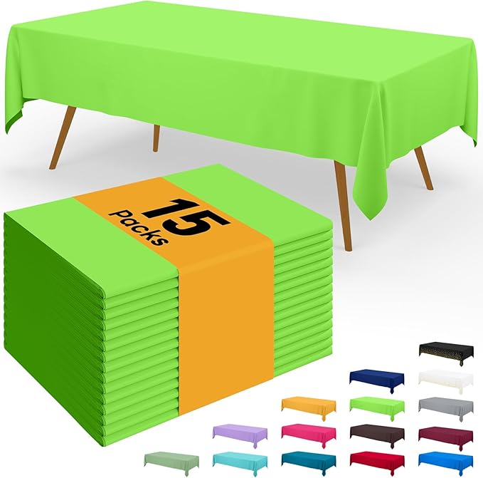 Smiry Disposable Table Cloth - 15 Pack, 54 x 108 Inch Waterproof Rectangle Tablecloths for Parties, Decorative Plastic Table Cover, Leakproof & Sturdy, Lime Green