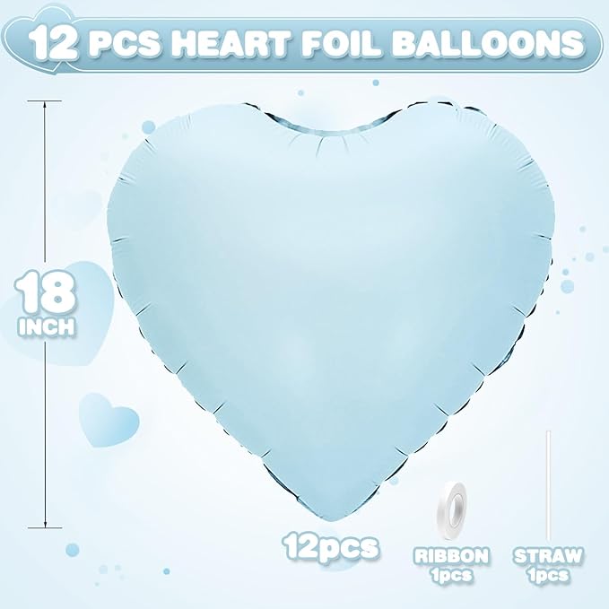 Baby Blue Heart Balloons,12Pcs Pastel Blue Heart Shaped Foil Balloons,18Inch Pastel Helium Balloon for Baby Shower Birthday Anniversary Wedding Party Decorations