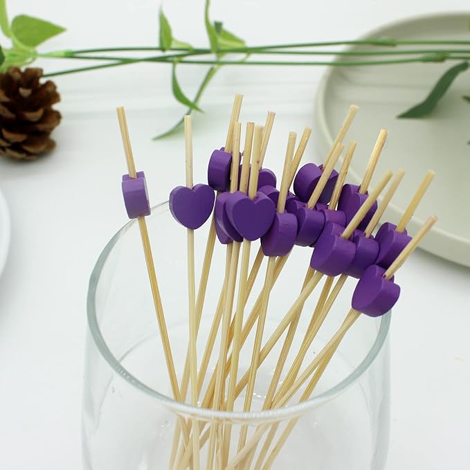 100pcs Purple Love Heart Cocktail Picks 4.7" Long Fruit Sticks Food Toothpicks Sandwich Appetizer Charcuterie Skewers, for Valentines Galentines Mothers Day Birthday Decorations Party Supplies