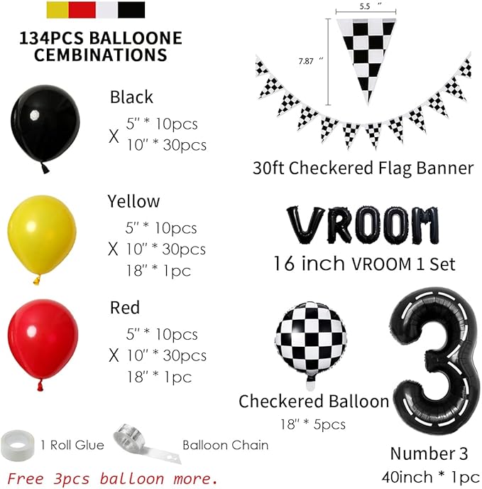 134pcs Balloons Race Car Party Supplies - Racing Car Theme Decorations Kit With Number Balloons, Garland, Vroom Birthday Party Decorations