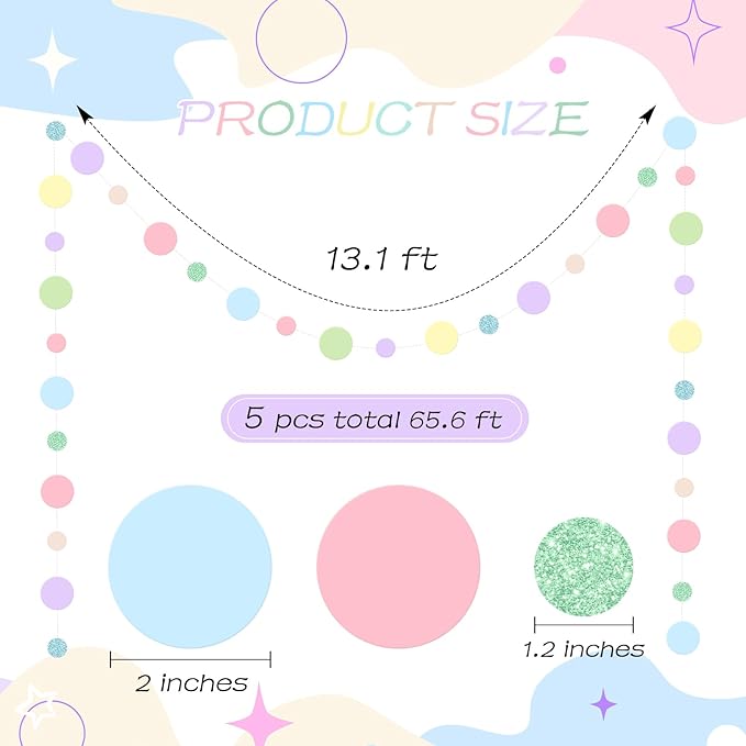 Outus 5 Pieces Colorful Dots Paper Garland Easter Decor Round Glitter Hanging Confetti Streamers Backdrop for Spring Birthday Classroom Halloween Trunk or Treat Car Decoration (Pastel)