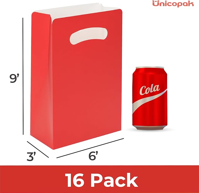 UnicoPak 16 Pack Red Party Favor Bags - 6×3×9” Premium Matte Red Gift Bags for Birthday, Valentine's Day, Christmas - Sturdy Red Goodie Bags with Handles, Customizable for Treats & Cookies