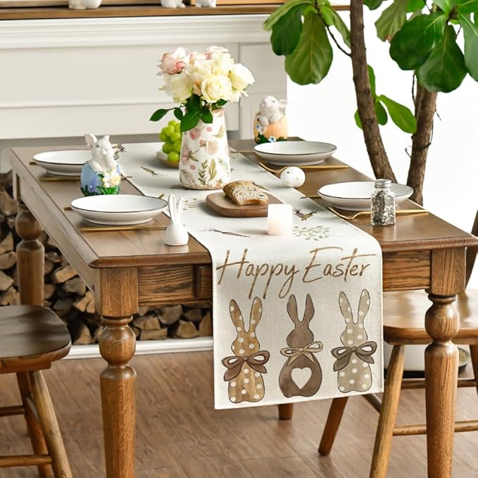 Artoid Mode Carrots Rabbit Bunny Happy Easter Table Runner, Spring Summer Seasonal Holiday Kitchen Dining Table Decoration for Indoor Outdoor Home Party Decor 13 x 108 Inch