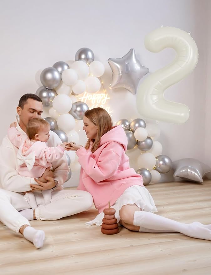 Cream Number 2 Balloons – 40 Inch Giant Foil Number Balloon, Light Cream Number Balloon for Birthday Anniversary Baby Shower Party Decorations