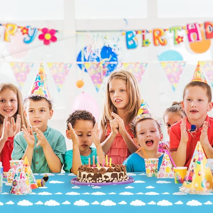 Blue Sky White Clouds Birthday Party Supplies Cartoon Story Tablecloth Party Table Cover Cartoon Table Banner for Baby Kids Shower Birthday Decorations, 54 x 108 Inch(3 Pieces)