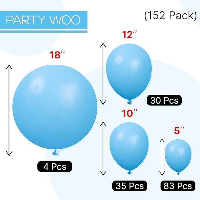 PartyWoo Light Blue Balloons 152pcs Different Sizes Pack of 18 12 10 5 Inch Baby Pastel Blue Balloon Arch Kit for Baby Shower Gender Reveal Graduation Mermaid Birthday Pool Party Decorations Blue-Y20