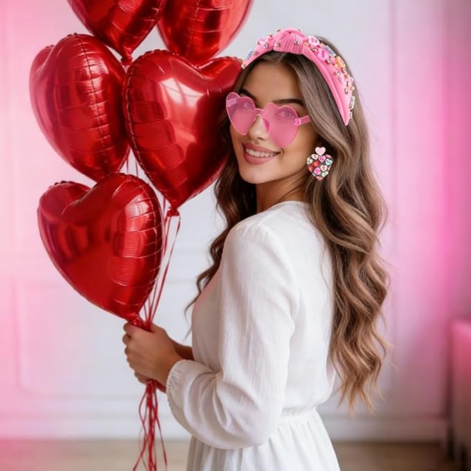 Valentines Day Headband for Women,4Pcs Pink Valentines Day Knotted Conversation Heart Headbands Earrings and Sunglasses Set for Women,Valentines Outfits Hair Accessories Gifts for Her