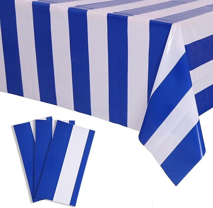 Kesfey 3 Packs Blue and White Horizontal Striped Tablecloth 54 x 108 Inch Blue Nautical Plastic Table Coths Roll Disposable Waterproof Geometric Picnic Party Stripe Tablecover for Camping Dining