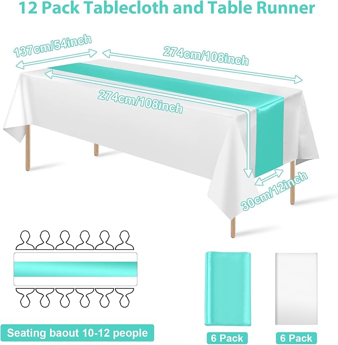 12Pack 12x108 Inch Satin Table Runner and 54x108Inch Plastic Tablecloths Set White and Teal Disposable Rectangle Table Cover for Graduation Wedding Bridal Shower Anniversary Birthday Party Decorations