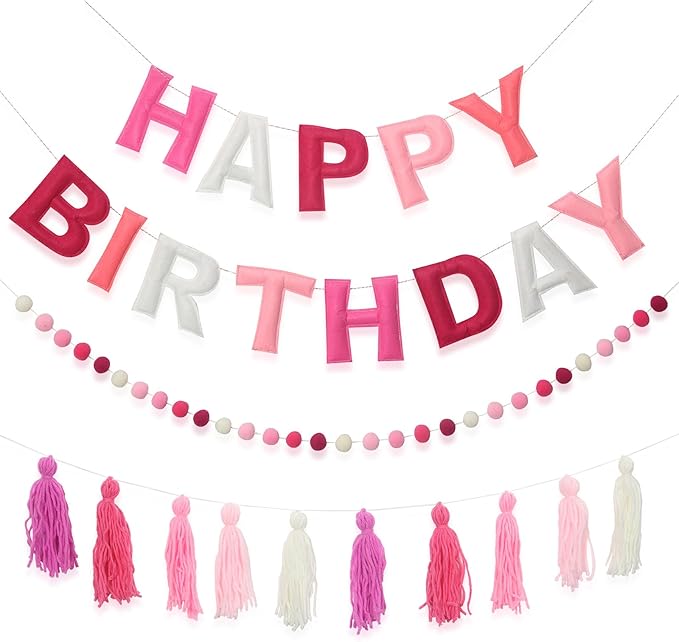 Pre-Strung Happy Birthday Banner Felt Ball Garland Banner Sign for Pink Birthday Party Decorations Mermaid Party Decor