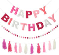 Pre-Strung Happy Birthday Banner Felt Ball Garland Banner Sign for Pink Birthday Party Decorations Mermaid Party Decor