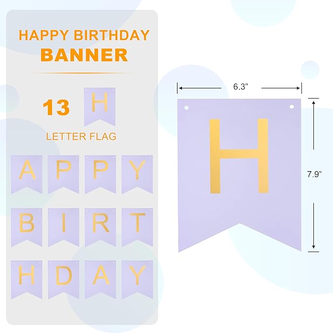 lavender Happy Birthday Banner Purple - Hanging Backdrop Sign with Gold Letters, Happy Birthday Sign Bunting Decorations for Women men Kids Baby Shower Party Supplies (13pcs)