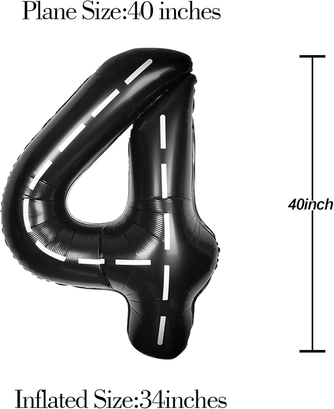 Race Car 40Inch Black 4 Balloon Number Large Helium Race Track 0-9 Giant Digital 4th Foil Mylar Big Party Number Balloons for Boy Birthday Car Theme Party Anniversary Graduation Decorations