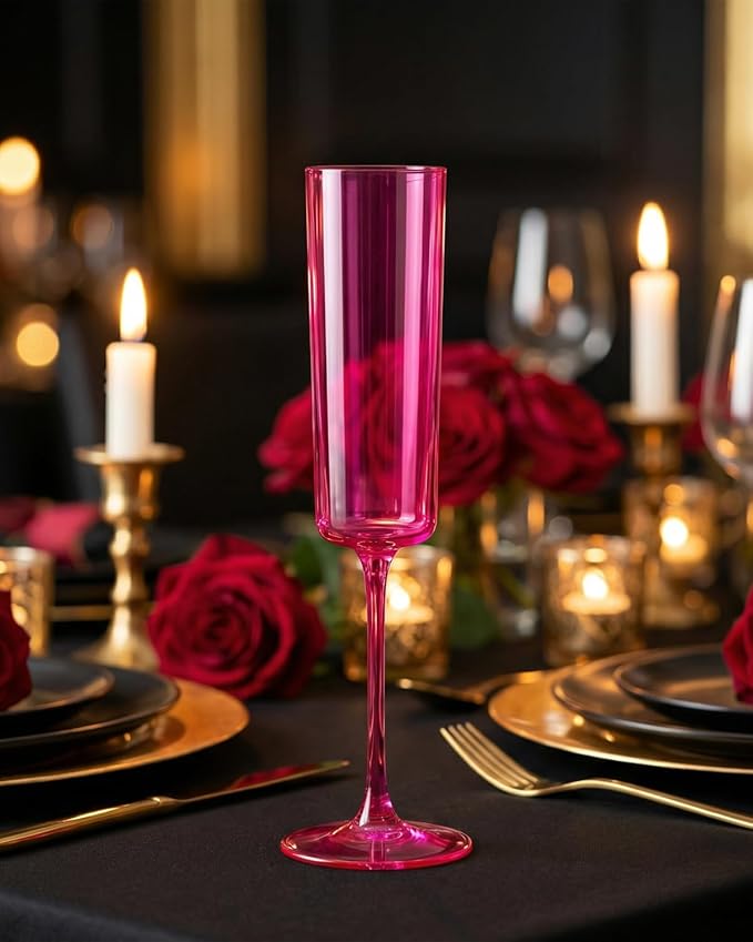 Ciaell 24 Pack Plastic Champagne Flutes - Hot Pink 6 Oz Disposable Champagne Glasses - Square Plastic Toasting Glasses for Party Birthday Anniversary Wedding & Easter