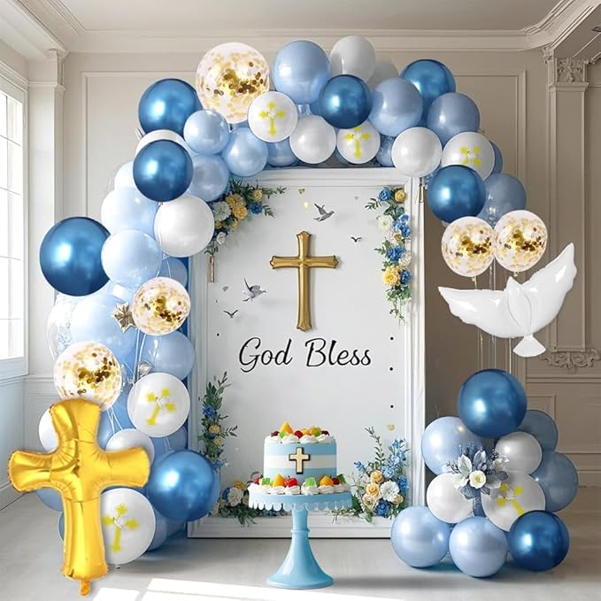132Pcs First Holy Communion Blue Balloon Garland Arch Kit God Bless Baptism Party Decoration Christian Religious Decor Cross Dove Balloon Girl Mi Bautizo Christening Birthday Baby Shower Party Supplie