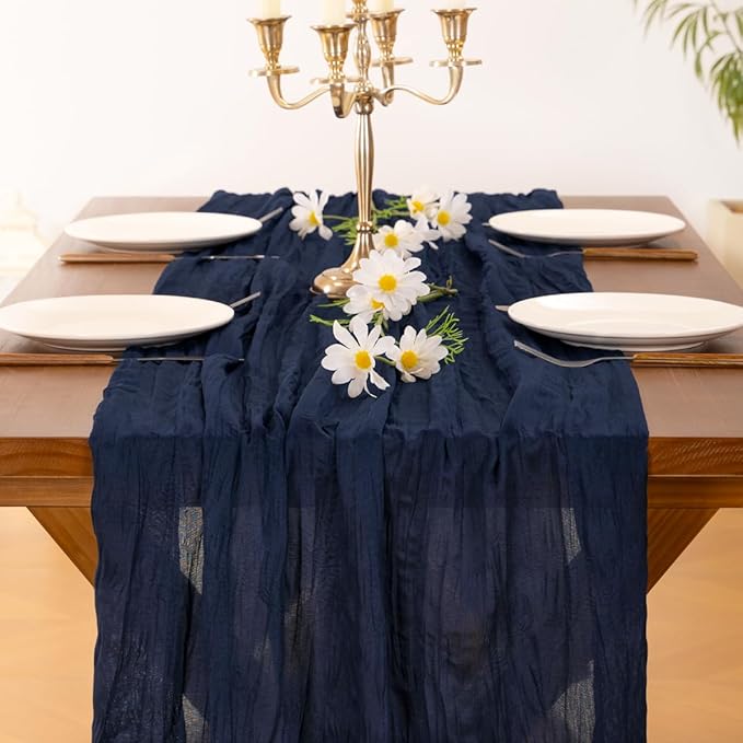 Socomi 10pcs Navy Blue Easter Spring Cheesecloth Table Runner Boho Rustic Gauze 120 inch 10FT Cheese Cloth Runner for Wedding Party Baby Shower Birthday Home Decor Holiday Decorations