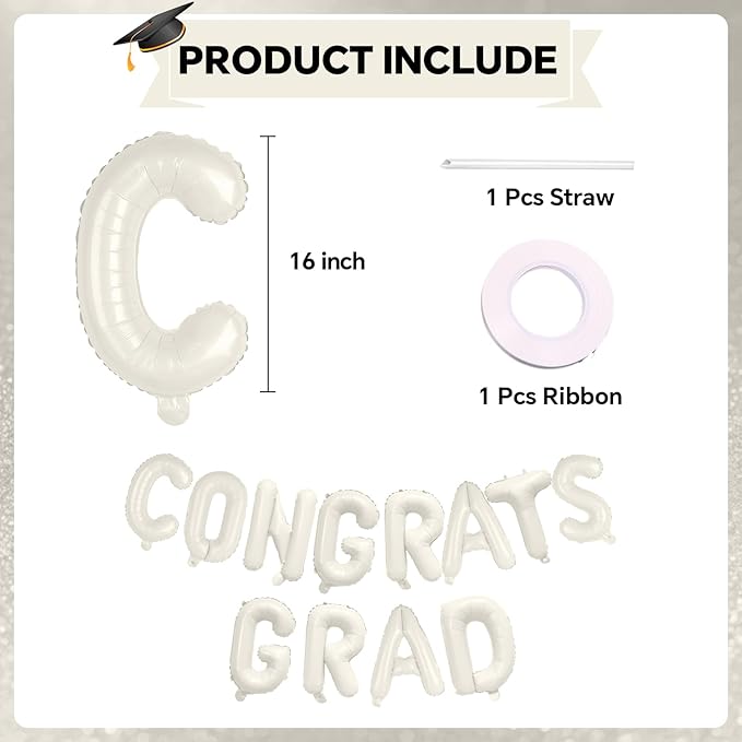 KALOR 16 Inch Cream White Congrats Grad Banner Balloons, Cream White Congrats Grad Letters Sign, Graduation Decorations 2026 for Graduation Party Decorations 2026