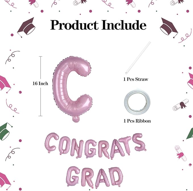 KALOR 16 Inch Pink Congrats Grad Banner Balloons, Pink Congrats Grad Letters Sign, Graduation Decorations 2026 for Graduation Party Decorations 2026