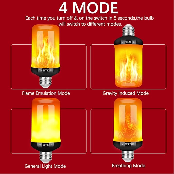 Y- STOP Flame Light Bulbs, LED Fire Light Bulb with Flickering Flame Effect, 4 Modes Halloween Decor Lights, E26 Base Upside Down Bulbs for Halloween, Christmas Decorations, Party (Yellow)