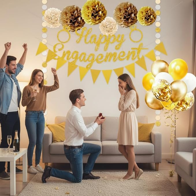Engagement Party Decorations Set - Complete Kit with Gold “Engaged” Banner, Garland, 20 Balloons & 6 Pom Poms for Proposal & Engagement Celebration DecorComplete (Gold)