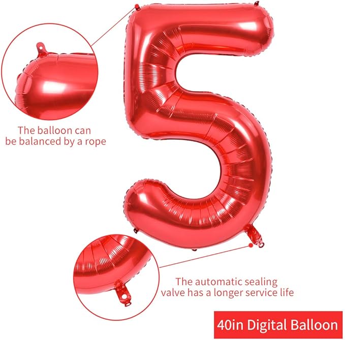 TONIFUL 40 Inch Red Large Numbers Balloons 0-9, Number 5 Digital 5 HeliumFoil Mylar Big Number Balloons for 2026 Mother's Day New Year Eve Graduation Valentine's Day Birthday Party Anniversary Party