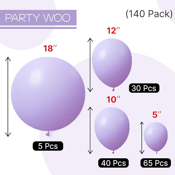 PartyWoo Lavender Balloons 140pcs Different Sizes Pack of 18 12 10 5 Inch Light Pastel Purple Lilac Balloon Arch Kit for Baby Shower Bachelorette Fairy Birthday Princess Party Decorations Purple-Q10