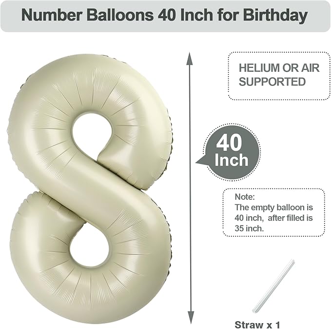 Balloon 8 Numbers, 40 Inch Cream Fiol Large Ballon for Women And Men, Balloons Decoration for Happy 8 18 28 80 Birthday, Wedding Anniversary, Christmas, New Year, Halloween Party Decoration