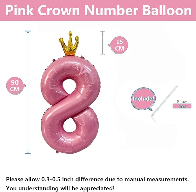 40 inch Pink Number 8 Balloon with Crown, Pink Crown Balloons 0-9 for 8th Birthday Party Anniversary Decorations Supplies