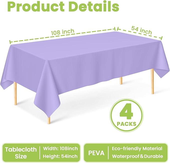 Mulbozy Light Purple Plastic Table Cloth Disposable 4 Pack, 54 × 108 Inch Tablecloths Rectangle, Lavender Plastic Table Cover for Party Decor