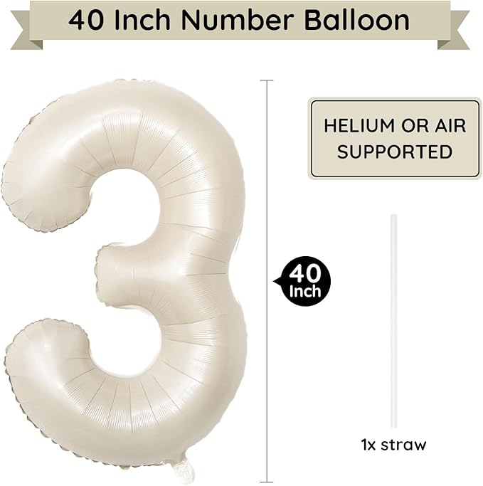 40 Inch Beige Number Balloon 3, Large Cream Number Foil Mylar Balloons for Birthday Party Celebration Decorations Supplies, Digital Balloons for Wedding Anniversary Events Decorations