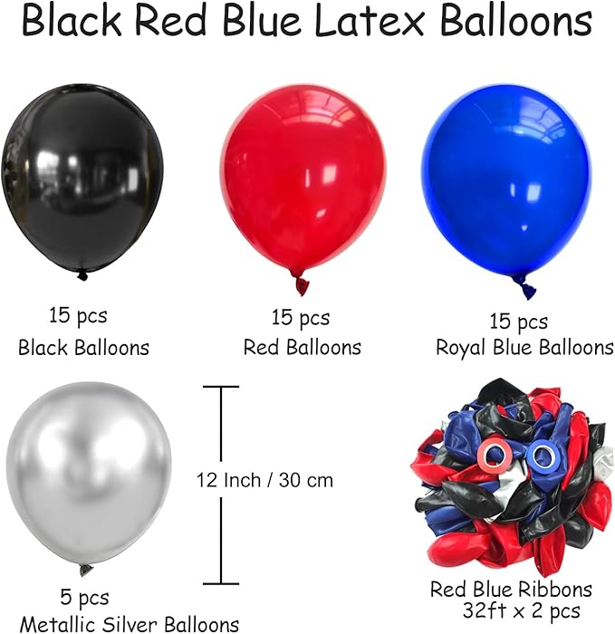 Black Red and Blue Balloons, 50PCS Red and Blue Party Balloons, 12Inch Spider Theme Balloon Metallic Silver Black Red Blue Balloons for Boys Birthday Graduation Baby Shower Party Decorations