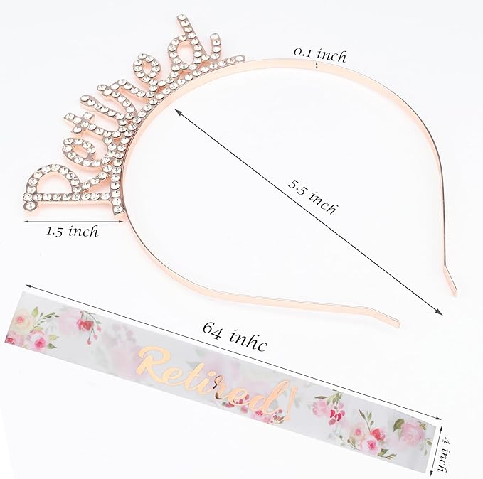 Didder Retirement Decorations Headband and Sash Set - Rose Gold Crown Headband, Retirement Sash for Women, Party Supplies