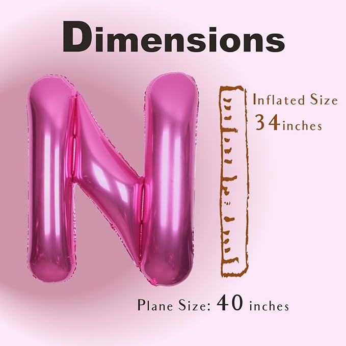 SUWEN 40 Inch Hot Pink Large N Letter Balloons Big Foil Helium Letter Balloons A-Z Jumbo Mylar Happy Birthday Party Decorations for Woman Anniversary Party Supplies
