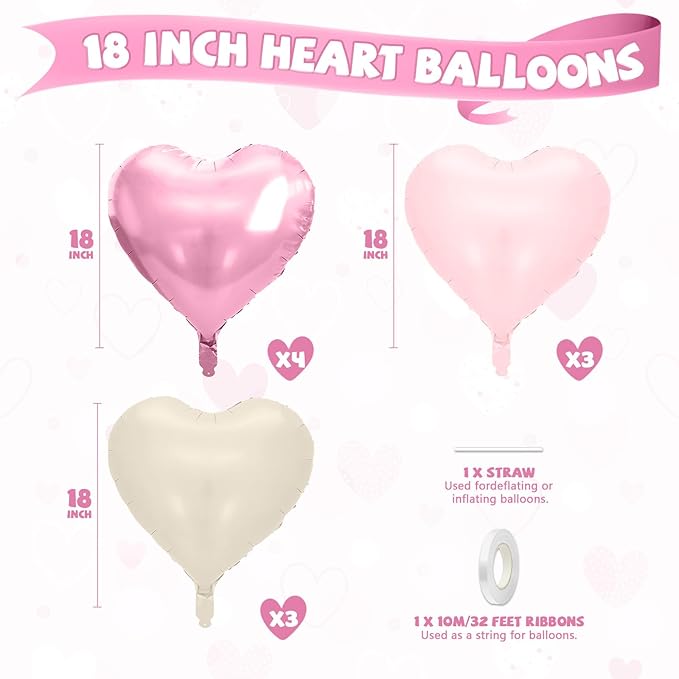 Pink Heart Balloons, 10 Pcs Pastel Light Baby Pink White Foil Heart Shaped Balloon, 18 Inch Cream Sand White Balloons Helium for Engagement, Brithday, Baby Shower, Wedding, Valentines Party Decoration