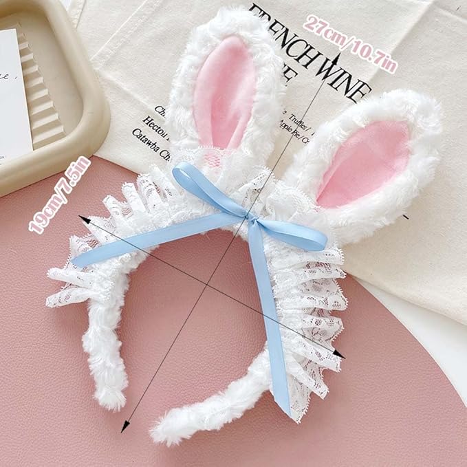 Blync Easter Bunny Ears Headband, Lace Curly Rabbit Hair Accessories, Pink Bow Hairband for Party, Photos, Cosplay