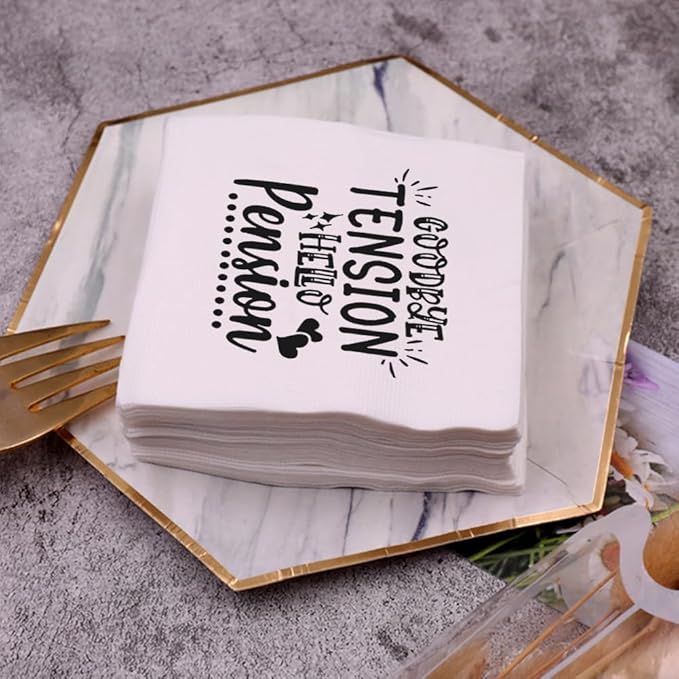 Retirement Cocktail Napkins Party Napkins Beverage Napkins Bar Napkins Disposable Paper Novelty Humorous Gag Gift 100Pcs 4.5 x 4.5 13-ply (Goodby Tension Hello Pension)