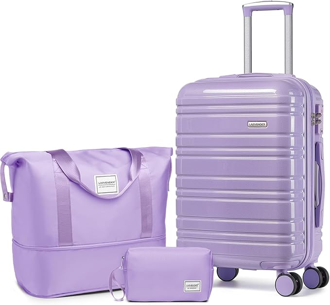 LARVENDER Carry on Luggage 22x14x9 Airline Approved, 20 Inch Hardside Suitcase with Wheels TSA Lock, PC+ABS Lightweight Travel Luggage Sets for Women, Glossy Lavender, 3 Piece Set