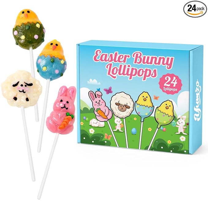 Easter Bunny Lollipops, With Natural Colors – 24 Count Individually Wrapped Candy Pops, Bunny Chick And Lamb Shaped Lollipops Easter Candy, For Baskets, Party Favors And Spring Candy