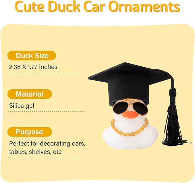 wonuu Car Dashboard Decor Graduation Hat Color Rubber Duck, Car Ducks Ornaments with Mini Graduation Hat Necklace Sunglasses (White)