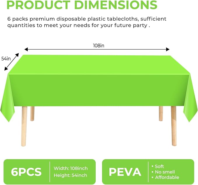 6 Pack Premium Disposable Plastic Tablecloth 54" x 108" Party Table Cloths Disposable for 6 to 8 Foot Tables Indoor or Outdoor Birthdays Weddings Christmas Anniversary Buffet Table (Green)