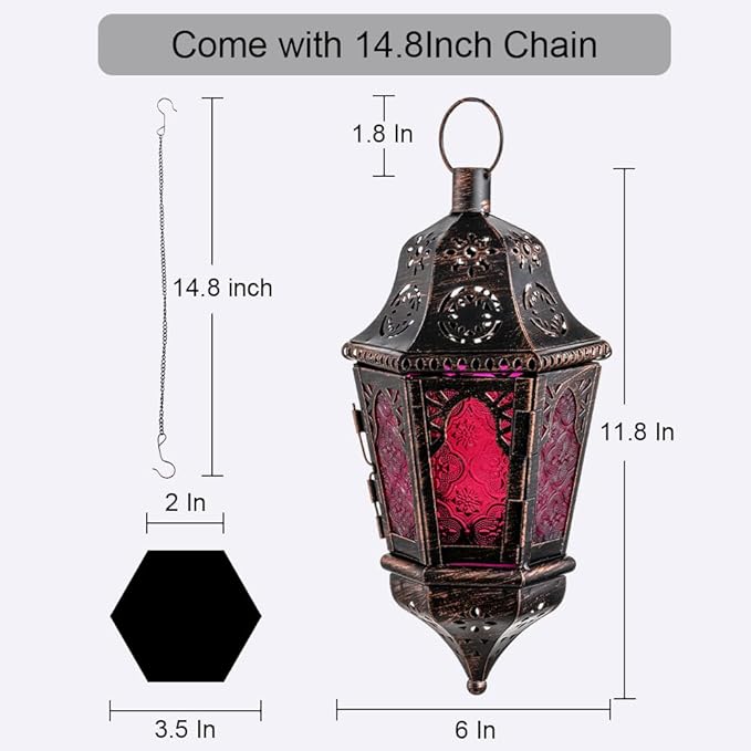 DECORKEY Moroccan Decorations, Lantern Decorative Indoor & Outdoor, 13.6’’ Vintage Decorative Hanging Lantern with Chian for Home Porch Patio Decor, Metal Ramadan Christmas Candle Holders(Plum Red)