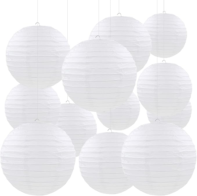 12 Pcs White Paper Lanterns Round Hanging Paper Lanterns for Wedding Birthday Party Baby Shower Engagement Anniversary Decorations