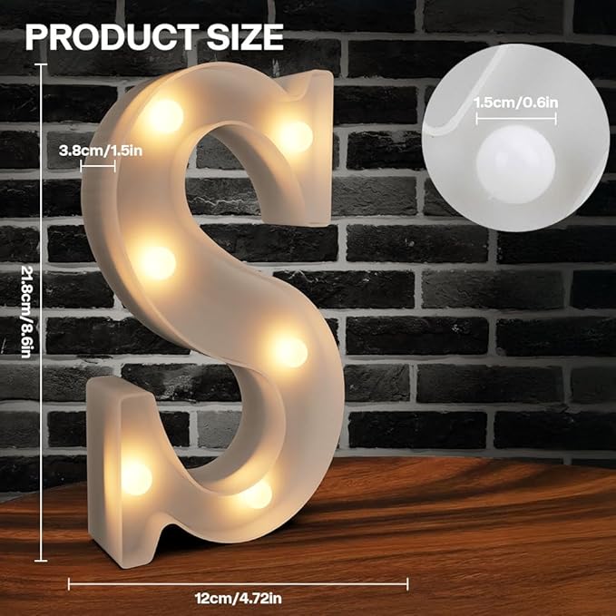 Marquee Letters Light up Letters, 26 Alphabet Battery Powered LED Lights, Night Light White Plastic Letters for Engagement Party Wedding Baby Shower Birthday, Initials for Decor (Letter S)