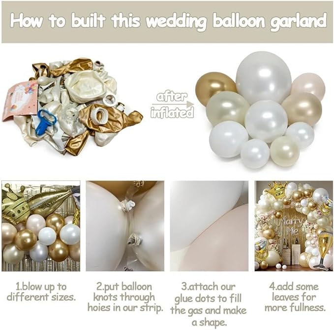 Engagement Balloon Arch Kit Double Stuffed Latex White Nude Beige Gold Balloon Garland with Fringe Curtain, Foil Balloons for Boho Neutral Wedding Bridal Shower Anniversary Birthday Party Decorations