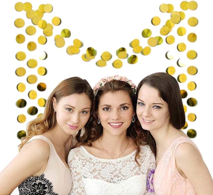 6 Pcs Glitter Gold Paper Circle Dots Garland (52 Feet) - Hanging Decorations for Birthday, Bachelorette, Engagement, Bridal Shower, Wedding, Baby Shower & Christmas
