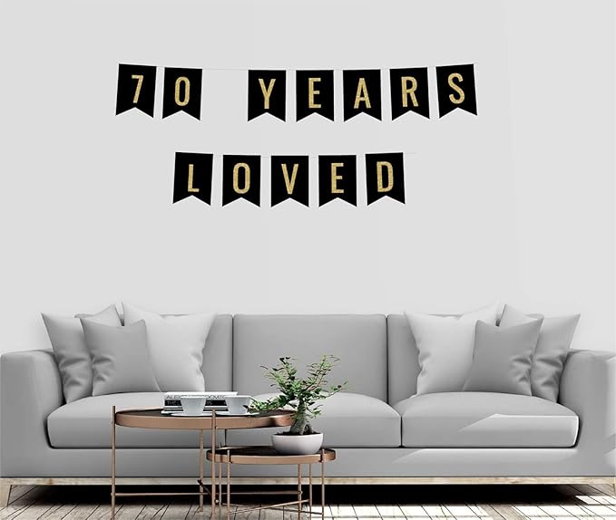 Andaz Press Faux Gold Glitter on Black Birthday Party Banner Decorations, 70 Years Loved, Approx 5-Feet, 1-Set, 70th Birthday Milestone Colored Hanging Pennant Decor